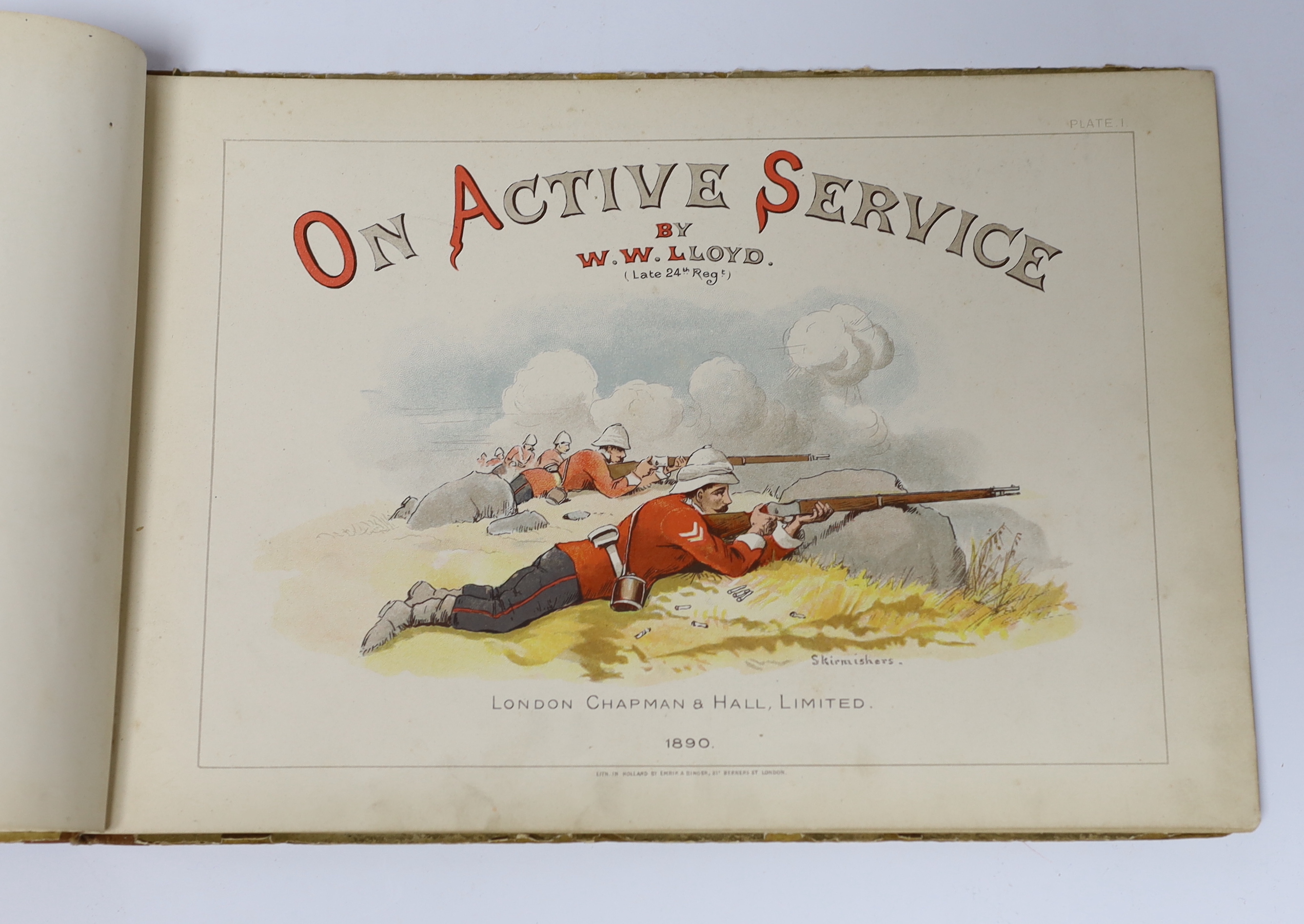 Lloyd, W.W. - On Active Service. colour printed title and 19 captioned plates within ruled borders; publisher's cloth backed coloured pictorial boards, oblong 8vo. 1890